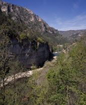 Westwards view along the deep narrow passage with steep rocky sides  near La Malene.