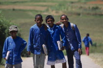 Near Ambositra. A group of rural school children wearing blue uniform