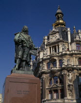 Meir.  Teniersplaats.  Main shopping street with statue of David Teniers.Flanders Flemish Region