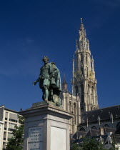 Cathedral of Notre Dame with statue of the seventeenth century artist Peter Paul Rubens in the foregroundCathedral of Our Lady