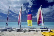 Line of hobiecats with brightly coloured sails on sandy beach.  Sea behind and blue sky with windswept clouds.