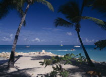 Sandy beach and rocks with sunbather on lounger.  Aquamarine water  yachts and jetski framed by palms with dog passing by in the foreground.