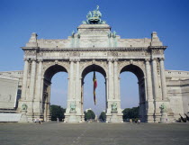 Arc du Triomphe  the Arch in the Cinquantenaire park and hanging Belgian flag.Triumphal Arch