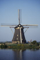 Windmill on the riverbank of the Rhine. Netherlands