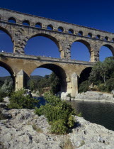 View of the bridge over the Gard river. Roman aqueduct.