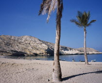 Bandar Jissah beach near Al-Bustan Hotel just outside the capital city.  People at water s edge with eroded  sloping rock formation behind and palm in foreground.