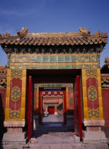 Forbidden City.  Looking through highly decorated sequence of doorways.Peking Beijing