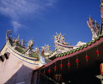 Chinese temple roof hung with red lanterns for Chinese New Year.