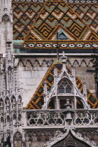 Castle Hill.  Matyas Church  detail of exterior and coloured roof tiles.Eastern Europe  Matthias Mathias Colored Eastern Europe  Matthias Mathias Colored