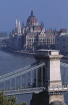 Cityscape.  View towards Parliament building with part view of Chain Bridge in the foreground.Eastern Europe  Eastern Europe