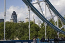 The Tower of London and the Gherkin seen through a detail of  Tower bridge.United Kingdom  30 St Mary Axe Great Britain UK