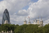 View of the Skyline showing the Tower of London and the Gherkin glass building.United Kingdom  30 St Mary Axe Great Britain UK