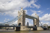 Detail of  Tower Bridge on the River Thames with the Gherkin tower seen through the bridge.United Kingdom  30 St Mary Axe Great Britain UK