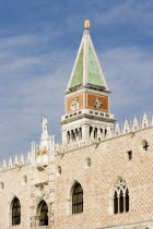 The Campanile tower in Piazza San Marco behind the facade of the Doges Palace