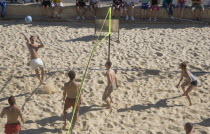 Beach volleyball game on the sands in front of the Grand Hotel.Great Britain United Kingdom