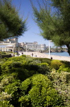 The Basque seaside resort on the Atlantic coast. The Grande Plage beach seen through tamarisk trees in the seafront gardens.