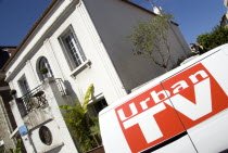 The Basque seaside resort on the Atlantic coast. Urban TV van parked in the commercial centre of the town