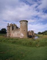 Caerlaverock Castle ruins with surrounding moat