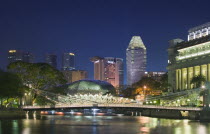 Night time view along the Singapore River towards Esplanade. Theatres on the Bay.travelAsiatwilightSingaporeskylineAsian Nite Singaporean Singapura Southeast Asia Xinjiapo