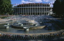 Tivoli Gardens. Concert Hall and fountains.Colorful Town Hall  Danish Danmark European Northern Europe Scandinavia