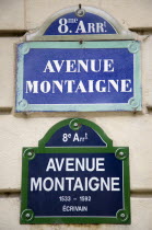 Street sign on a wall for Avenue Montaigne  the centre of the Haute Couture fashion industry in the Eigth ArrondissementCenter European French Western Europe