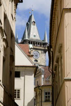 Tourists on the observation area of the Old Town Hall Clock Tower seen from the narrow Melantrichova PassagePraha Ceska Eastern Europe European