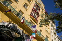 The Art Nouveau Grand Hotel Europa in Wenceslas Square with flags of different countries flying over the entrance canopy in New TownPraha Ceska Eastern Europe European