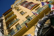 The Art Nouveau Grand Hotel Europa in Wenceslas Square with flags of different countries flying over the entrance canopy in New TownPraha Ceska Eastern Europe European