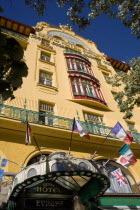 The Art Nouveau Grand Hotel Europa in Wenceslas Square with flags of different countries flying over the entrance canopy in New TownPraha Ceska Eastern Europe European