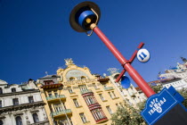 Colourful lamp post of the Cafe Tramvaj opposite the Art Nouveau Grand Hotel Europa and Meran Hotel in Wenceslas Square in New TownPraha Bar Bistro Ceska Colorful Eastern Europe European Restaurant