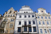 The three houses named from left The Storch House  At The Stone Ram and At The Stone Table on the south side of Old Town SquarePraha Ceska Eastern Europe European Religion