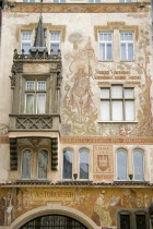 The late 19th Century painting of St Wenceslas on horseback by Mikulas Ales on the front of the Storch House in the Old Town SquarePraha Ceska Eastern Europe European Religion