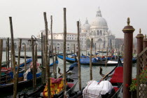 Gondolas moored by Molo San Marco with the Baroque church of Santa Maria della Salute on the Grand canal beyond on a misty day