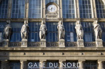 Statues and clock on the facade of the Gare du Nord railway stationEuropean French Western Europe