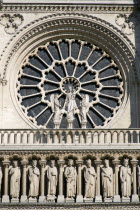 The West Rose Window of the Gothic medieval Notre Dame Cathedral on Ile De La CiteEuropean French Religion Western Europe