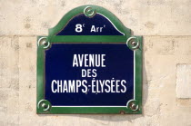 Street sign for the Avenue des Champs Elysees on a wall in the Huitieme ArrondissmentEuropean French Western Europe