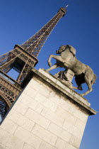 Equastrian statue on a plinth at the entrance to the Pont DIenta bridge with the Eiffel Tower beyondEuropean French Western Europe