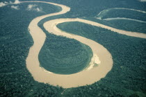 Aerial view of s bends in river between Pucatipa and Rio Santiago through north eastern Peruvian rainforest.American South America