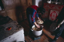 Cooking Buuz steamed minced lamb dumplings.booz Asia Asian Mongol Uls Mongolian