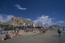 Alicante.  Sunbathers on sandy beach lined with palm trees and apartment buildings overlooked by castle on top of steep  rocky hillside behind.Beaches Espainia Espana Espanha Espanya European Hispani...