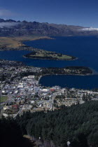 Aerial view over town on the shore of Lake Wakatipu.Antipodean Oceania Scenic