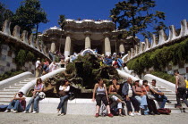 Park Guell. Tourists inside entrance  Guell Park.TravelTourismHolidayVacationExploreRecreationLeisureSightseeingTouristAttractionTourGuellParkParcBarcelonaSpainSpanishEuropeEuropean...