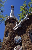 Guell Park sign on building at entrance to Park GuellTravelTourismHolidayVacationExploreRecreationLeisureSightseeingTouristAttractionTourGuellParkParcBarcelonaSpainSpanishEuropeEuro...