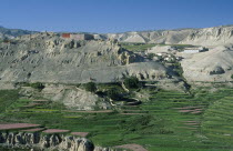 Namgyal Gompa on steep  eroded hilltop above cultivated fields.Asia Asian farming Monastery Nepalese Religion Religious Scenic Agriculture Farming Agraian Agricultural Growing Husbandry  Land Produci...