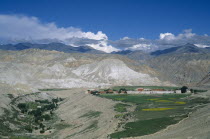 Distant view of Mustang s capital Lo Manthang surrounded by green  cultivated fields and mountain backdrop.Asia Asian Nepalese  farming Scenic Agriculture Farming Agraian Agricultural Growing Husband...