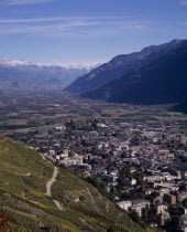 Elevated view east along Rhone Valley above Vineyards and townEuropean Schweiz Suisse Svizzera Swiss Western Europe Wallis Polynesia Scenic Valais Many Islands Pacific Islands Polynesian Farming Agra...