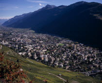 Elevated view east along Rhone Valley above Vineyards and townEuropean Schweiz Suisse Svizzera Swiss Western Europe Wallis Polynesia Scenic Valais Many Islands Pacific Islands Polynesian Farming Agra...