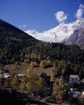 Village surrounded by trees in autumn colours with snow covered Mischabel Ridge in the backgroundEuropean Schweiz Suisse Svizzera Swiss Western Europe Wallis Polynesia Scenic Valais Many Islands Paci...