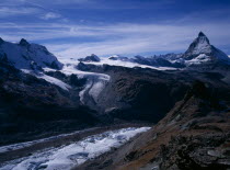 View south west  from Gornergrat over Gorner Glacier Water Theodul Glacier left centre and Matterhorn mountain on the right 4478metres   14665ft   European Schweiz Suisse Svizzera Swiss Western Europ...