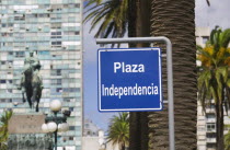 Plaza Independencia sign with statue of Jose G Artigas in the background.UrbanMontevideoHolidaysTourismTravelSouth AmericaUruguayLatin AmericaAmerican Hispanic Latino